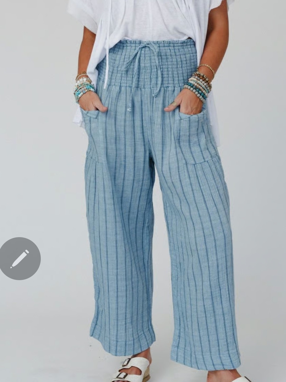 Three Bird Nest Blue Striped Wide-Leg Trousers